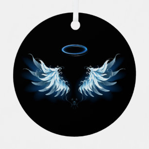 Blue Glows Angel Wings auf schwarzem Hintergrund Ornament Aus Metall