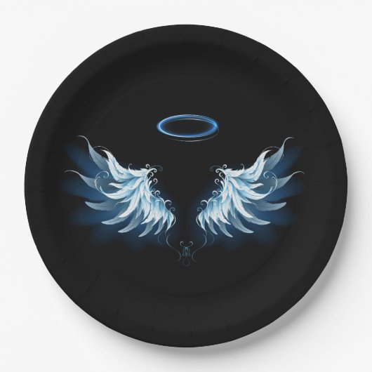 Blue Glows Angel Wings auf schwarzem Hintergrund Pappteller (Vorderseite)