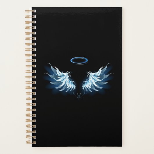 Blue Glows Angel Wings auf schwarzem Hintergrund Planer (Vorderseite)