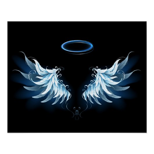 Blue Glows Angel Wings auf schwarzem Hintergrund Poster (Vorderseite)