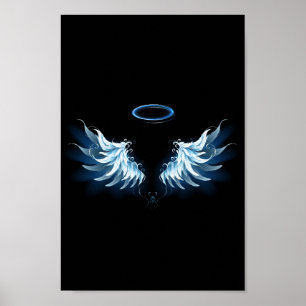 Blue Glows Angel Wings auf schwarzem Hintergrund Poster