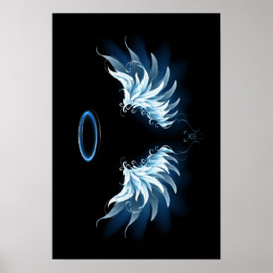 Blue Glows Angel Wings auf schwarzem Hintergrund Poster