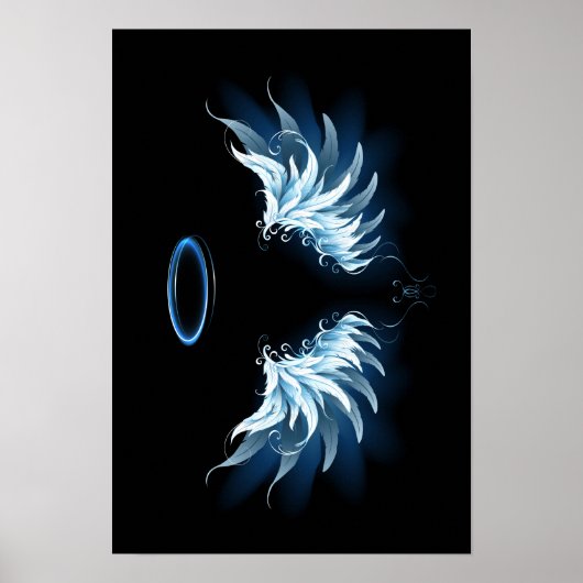 Blue Glows Angel Wings auf schwarzem Hintergrund Poster (Vorne)