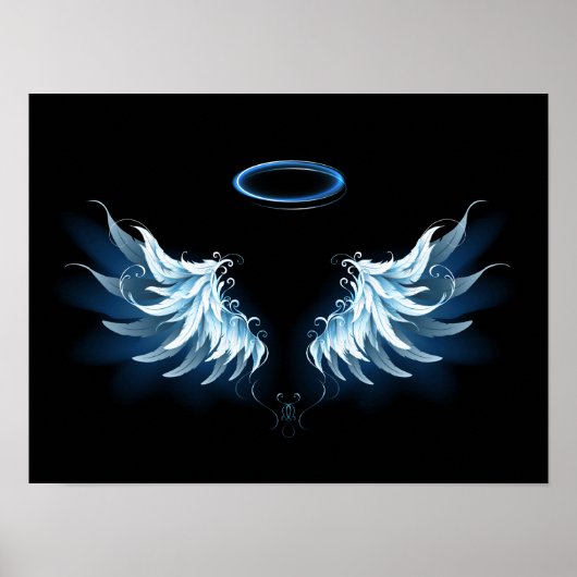 Blue Glows Angel Wings auf schwarzem Hintergrund Poster (Vorne)