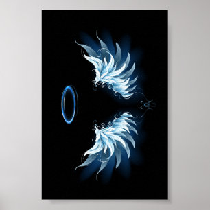 Blue Glows Angel Wings auf schwarzem Hintergrund Poster