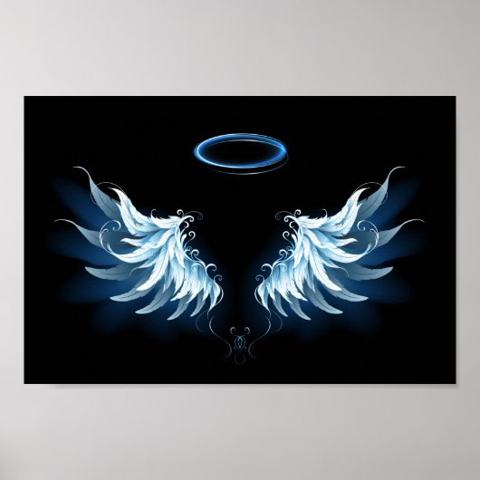 Blue Glows Angel Wings auf schwarzem Hintergrund Poster (Vorne)