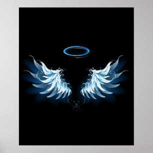 Blue Glows Angel Wings auf schwarzem Hintergrund Poster