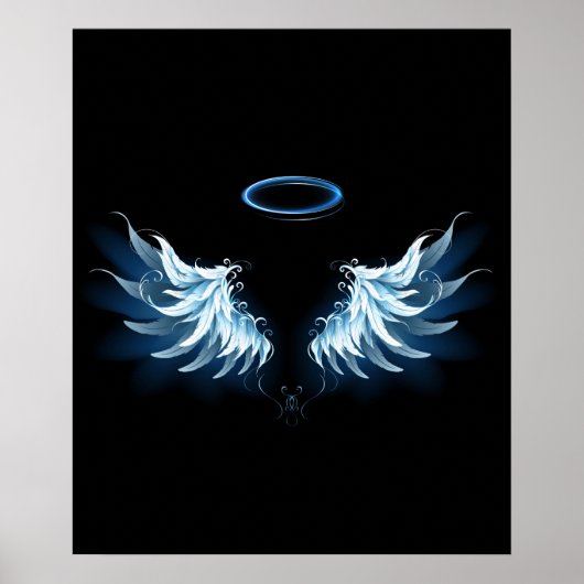 Blue Glows Angel Wings auf schwarzem Hintergrund Poster (Vorne)