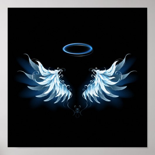 Blue Glows Angel Wings auf schwarzem Hintergrund Poster (Vorne)