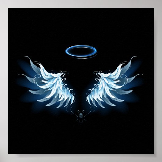 Blue Glows Angel Wings auf schwarzem Hintergrund Poster (Vorne)