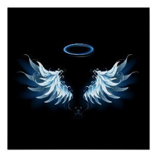Blue Glows Angel Wings auf schwarzem Hintergrund Poster