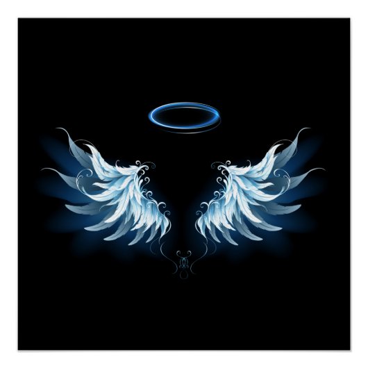 Blue Glows Angel Wings auf schwarzem Hintergrund Poster (Vorderseite)