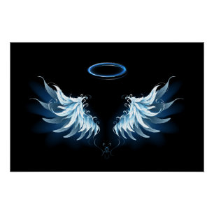 Blue Glows Angel Wings auf schwarzem Hintergrund Poster