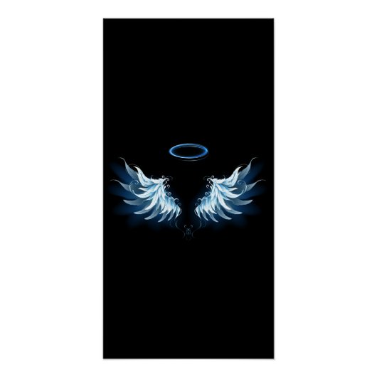 Blue Glows Angel Wings auf schwarzem Hintergrund Poster (Vorderseite)