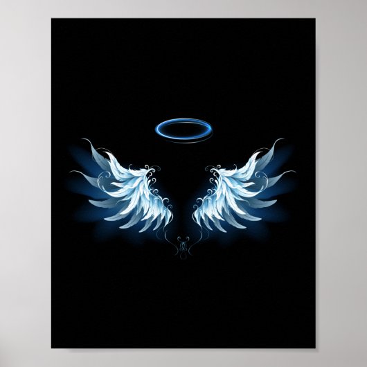 Blue Glows Angel Wings auf schwarzem Hintergrund Poster (Vorne)
