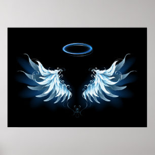 Blue Glows Angel Wings auf schwarzem Hintergrund Poster