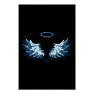 Blue Glows Angel Wings auf schwarzem Hintergrund Poster