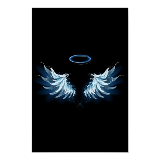 Blue Glows Angel Wings auf schwarzem Hintergrund Poster (Vorderseite)
