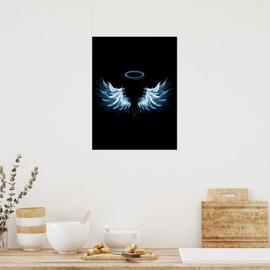 Blue Glows Angel Wings auf schwarzem Hintergrund Poster (Küche)