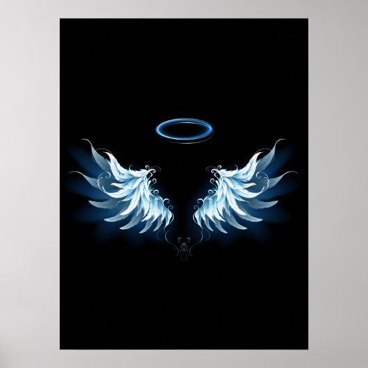 Blue Glows Angel Wings auf schwarzem Hintergrund Poster (Vorne)