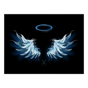Blue Glows Angel Wings auf schwarzem Hintergrund Poster