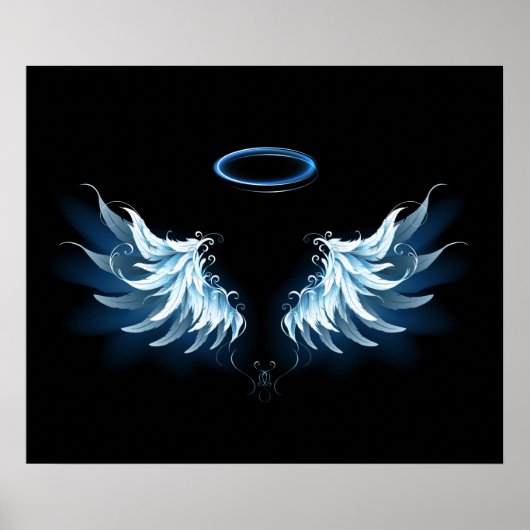 Blue Glows Angel Wings auf schwarzem Hintergrund Poster (Vorne)