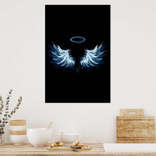 Blue Glows Angel Wings auf schwarzem Hintergrund Poster (Küche)