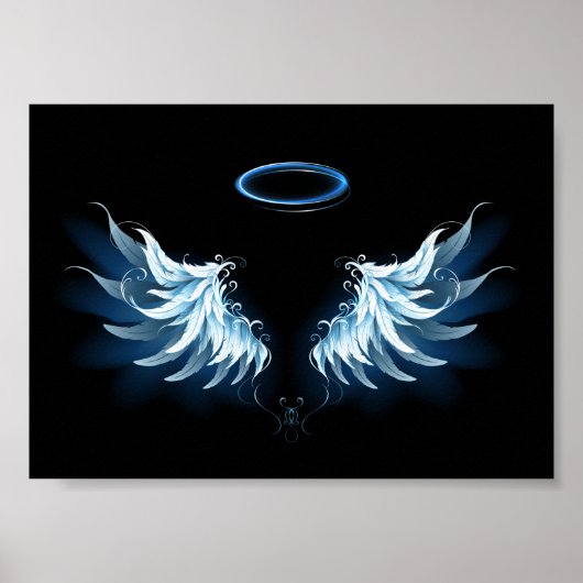 Blue Glows Angel Wings auf schwarzem Hintergrund Poster (Vorne)