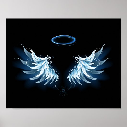 Blue Glows Angel Wings auf schwarzem Hintergrund Poster (Vorne)