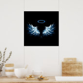 Blue Glows Angel Wings auf schwarzem Hintergrund Poster (Küche)
