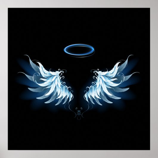 Blue Glows Angel Wings auf schwarzem Hintergrund Poster (Vorne)