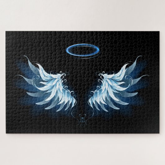 Blue Glows Angel Wings auf schwarzem Hintergrund Puzzle (Horizontal)