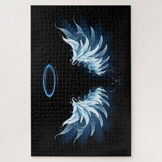 Blue Glows Angel Wings auf schwarzem Hintergrund Puzzle (Vertikal)