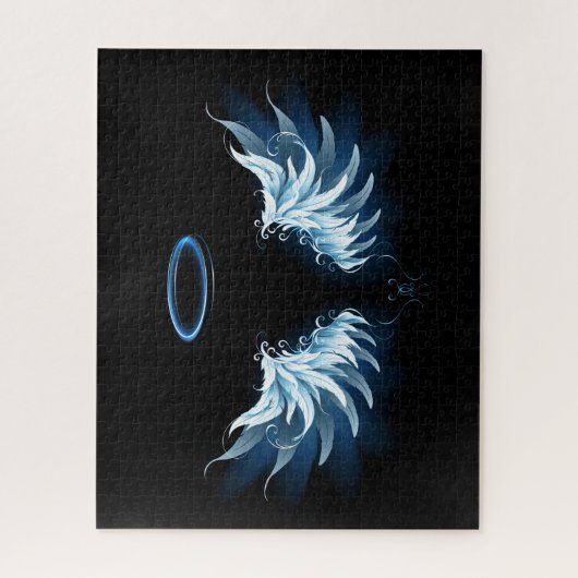 Blue Glows Angel Wings auf schwarzem Hintergrund Puzzle (Vertikal)