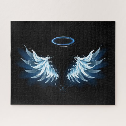 Blue Glows Angel Wings auf schwarzem Hintergrund Puzzle (Horizontal)