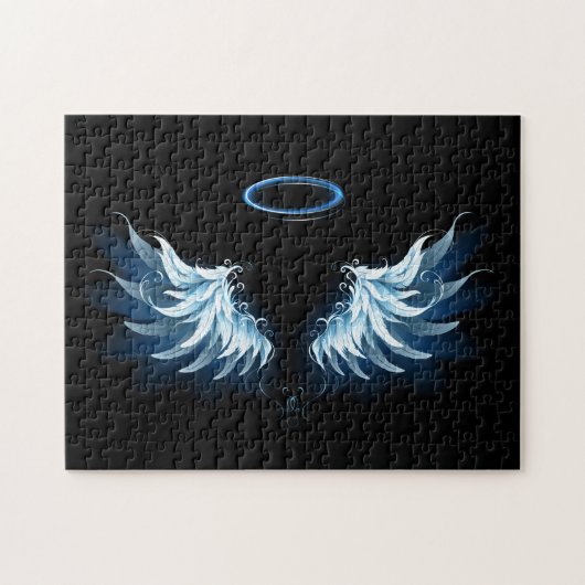 Blue Glows Angel Wings auf schwarzem Hintergrund Puzzle (Horizontal)
