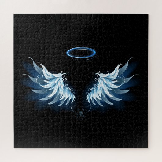 Blue Glows Angel Wings auf schwarzem Hintergrund Puzzle (Horizontal)