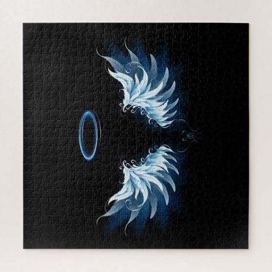 Blue Glows Angel Wings auf schwarzem Hintergrund Puzzle (Vertikal)