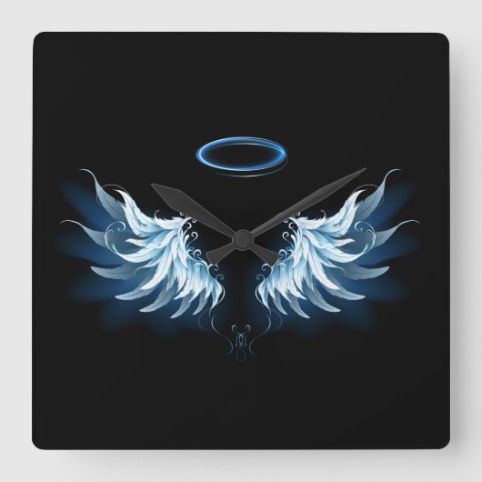 Blue Glows Angel Wings auf schwarzem Hintergrund Quadratische Wanduhr (Vorderseite)