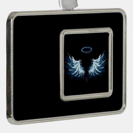 Blue Glows Angel Wings auf schwarzem Hintergrund Rahmen-Ornament Silber (Rechts)