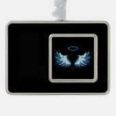 Blue Glows Angel Wings auf schwarzem Hintergrund Rahmen-Ornament Silber (Vorderseite)