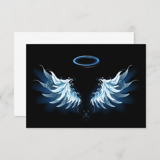 Blue Glows Angel Wings auf schwarzem Hintergrund RSVP Karte (Vorne/Hinten)