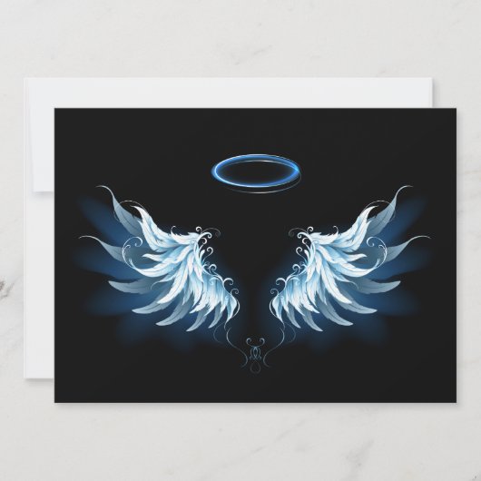 Blue Glows Angel Wings auf schwarzem Hintergrund Save The Date (Vorderseite)