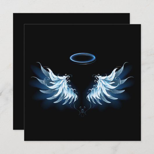 Blue Glows Angel Wings auf schwarzem Hintergrund Save The Date (Vorne/Hinten)
