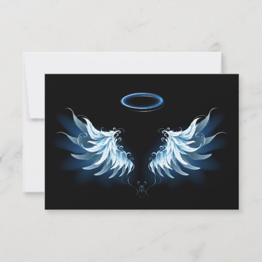 Blue Glows Angel Wings auf schwarzem Hintergrund Save The Date (Vorderseite)