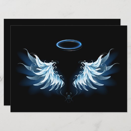 Blue Glows Angel Wings auf schwarzem Hintergrund Save The Date (Vorne/Hinten)