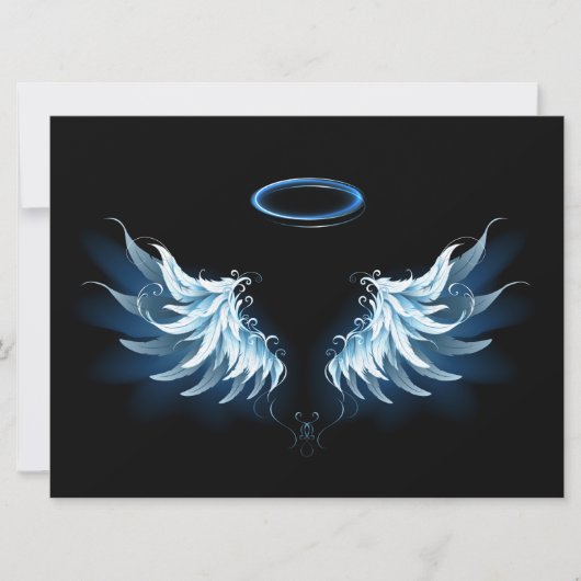 Blue Glows Angel Wings auf schwarzem Hintergrund Save The Date (Vorderseite)