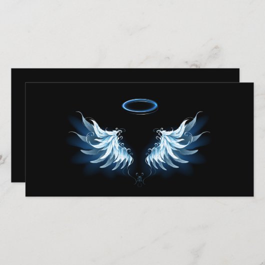 Blue Glows Angel Wings auf schwarzem Hintergrund Save The Date (Vorne/Hinten)