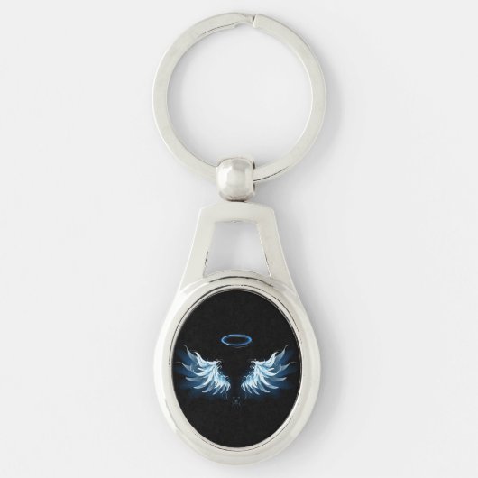 Blue Glows Angel Wings auf schwarzem Hintergrund Schlüsselanhänger (Vorderseite)