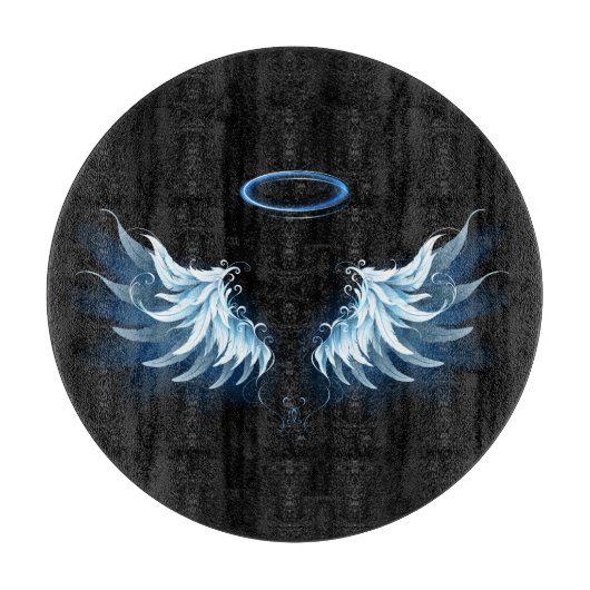 Blue Glows Angel Wings auf schwarzem Hintergrund Schneidebrett (Vorderseite)